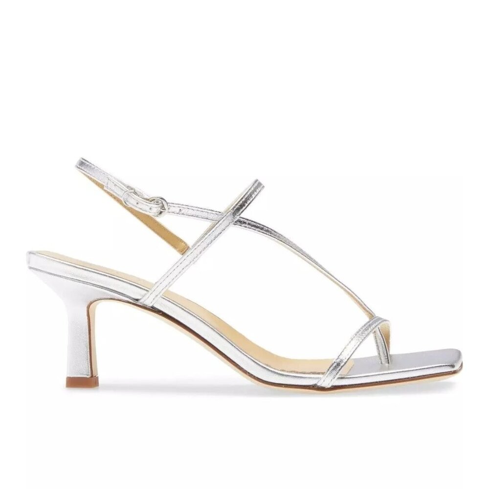 $475 aeyde Elise Slingback Sandal LAMINATED SILVER LEATHER HEEL 37 (DB38)